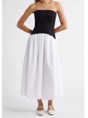 NEW Open Edit Curves Waist Strapless Maxi Dress Mixed Media Black White Size XS